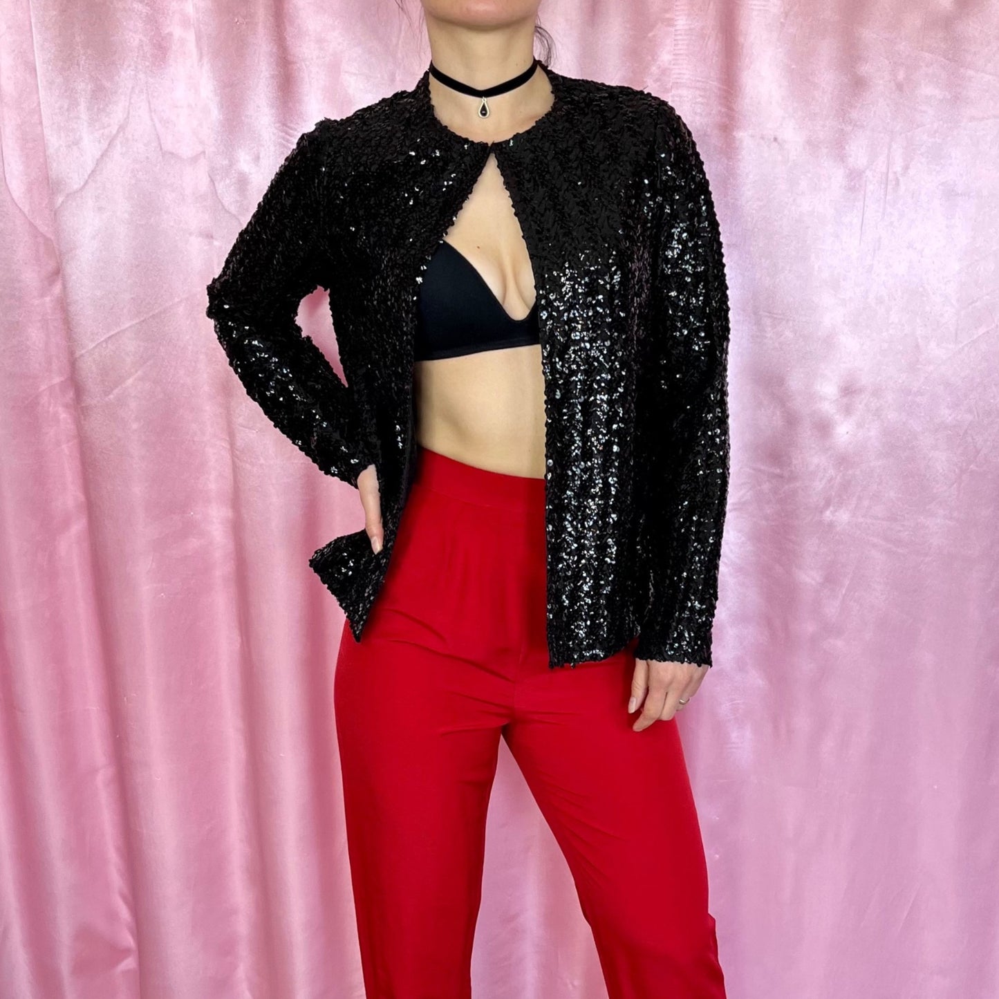 1970s black sequin jacket, unbranded, size 8