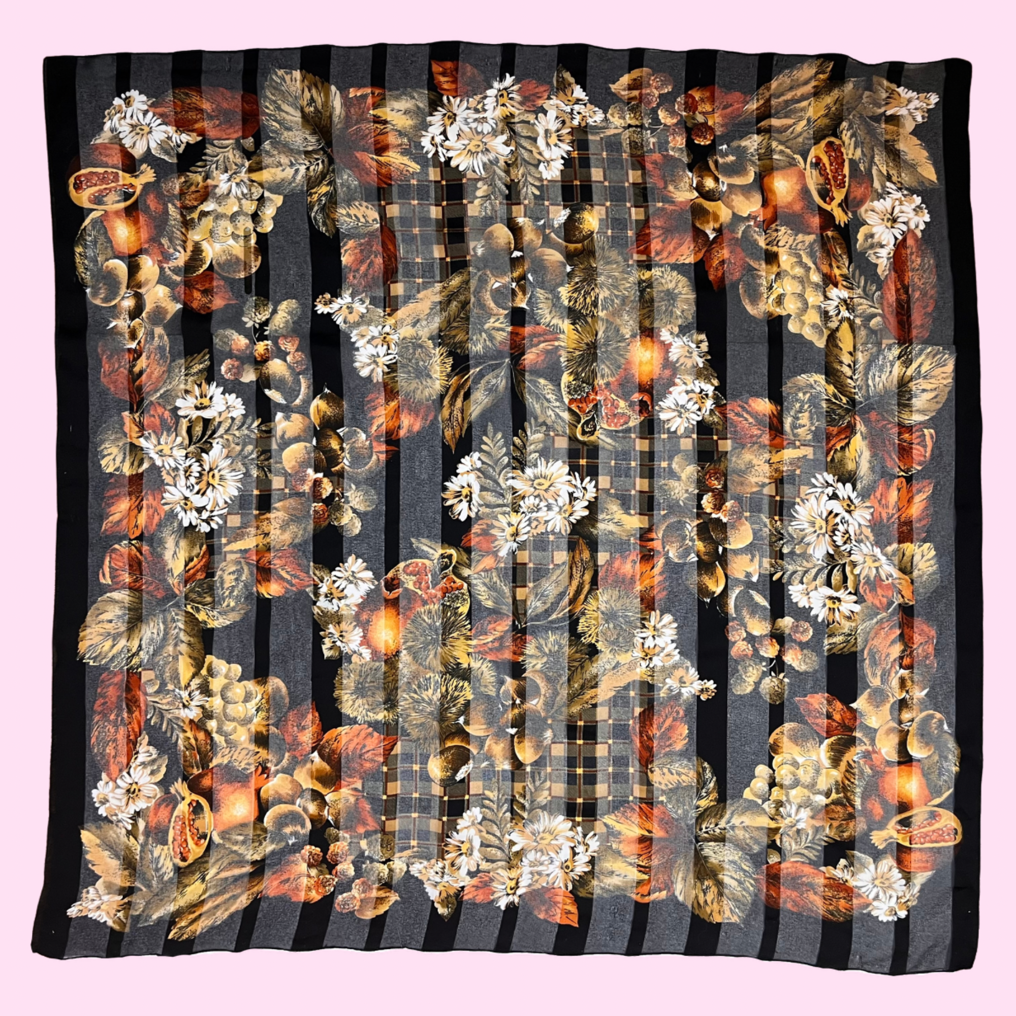 1980s Black floral & fruit print scarf, Small