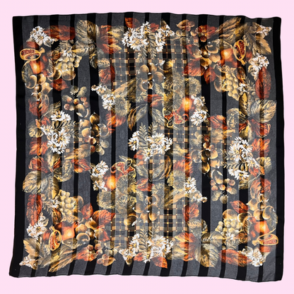 198s Black floral & fruit print scarf