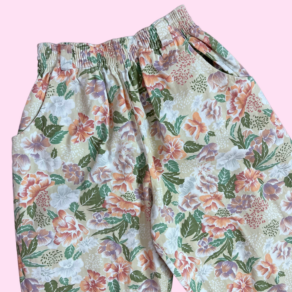 1980s Beige Floral jeans, by Claire Designs, size 4/6