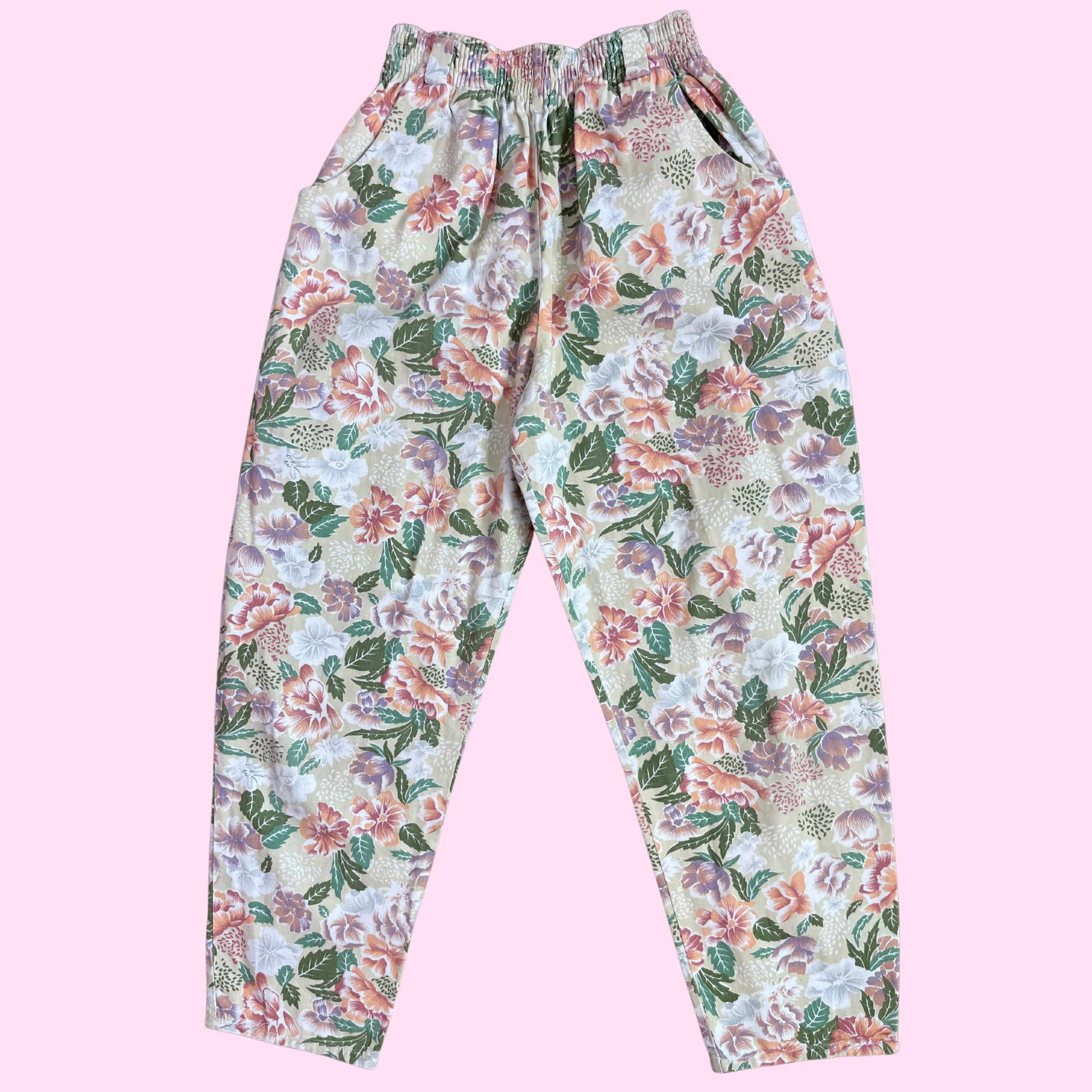 1980s Beige Floral jeans, by Claire Designs, size 4/6