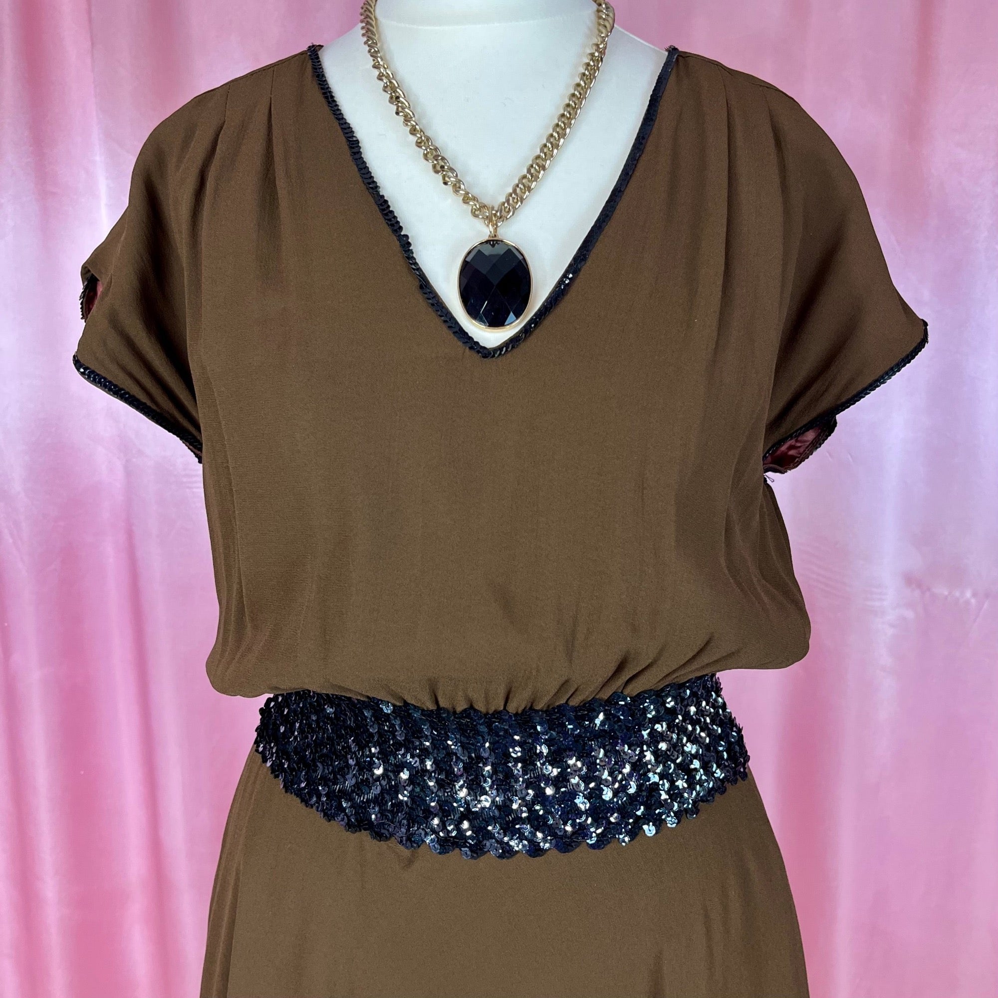 1970s Brown sequin trimmed dress, unbranded, size 8