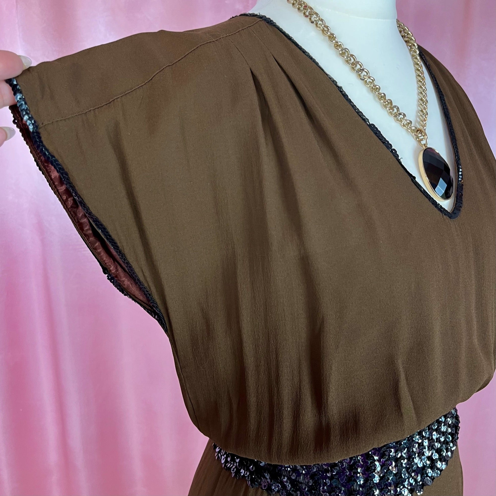 1970s Brown sequin trimmed dress, unbranded, size 8