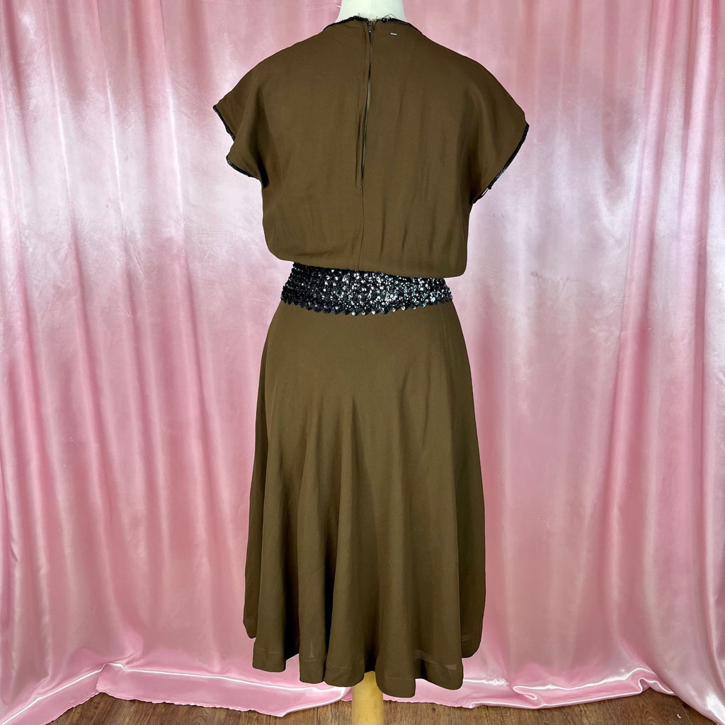 1970s Brown sequin trimmed dress, unbranded, size 8