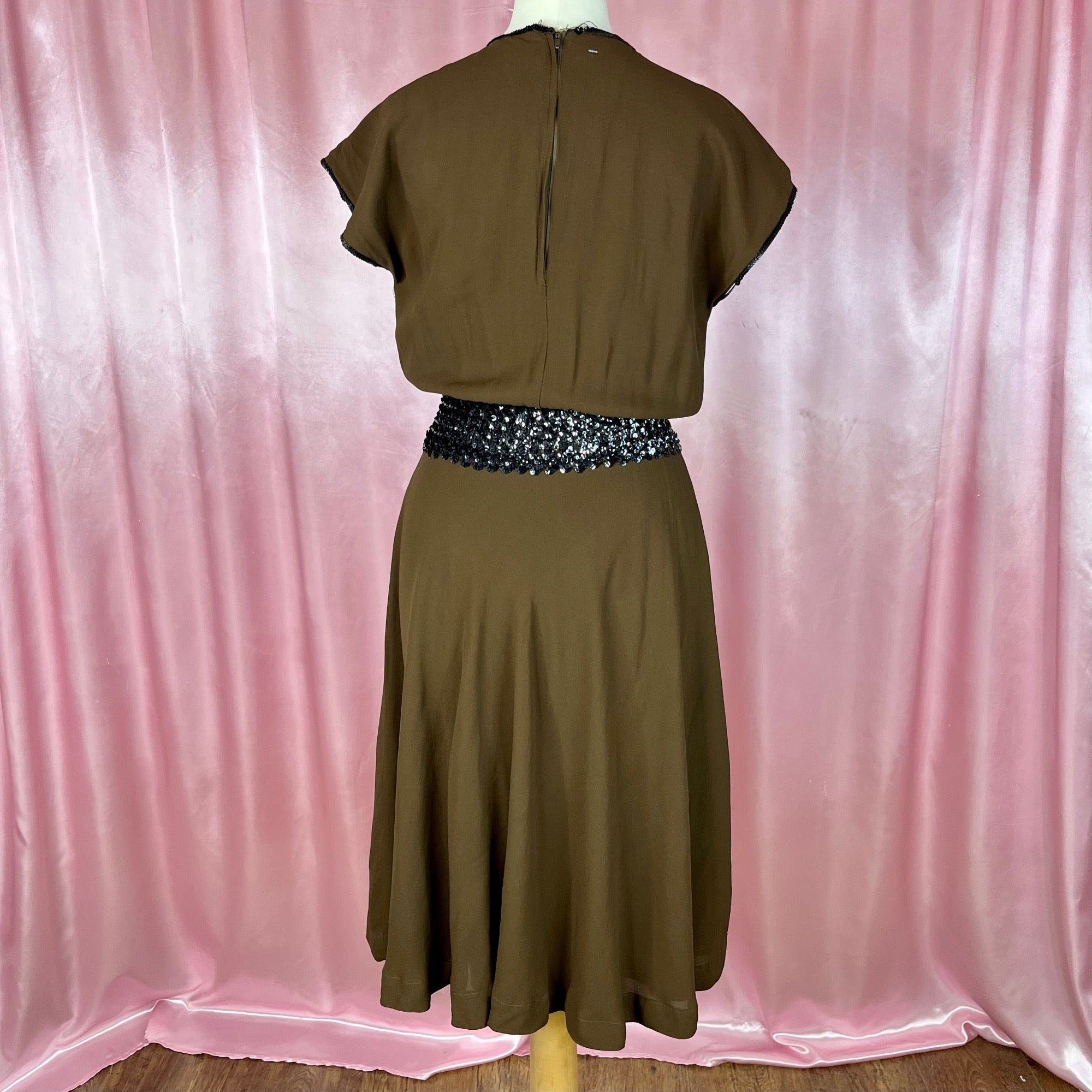 1970s Brown sequin trimmed dress, unbranded, size 8