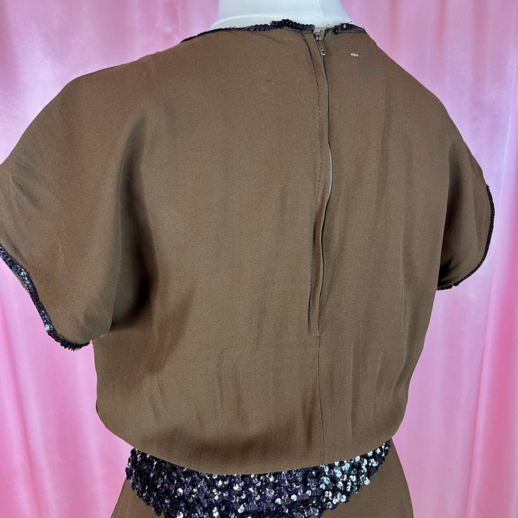 1970s Brown sequin trimmed dress, unbranded, size 8