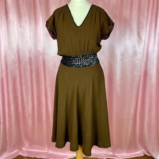 1970s Brown sequin trimmed dress, unbranded, size 8