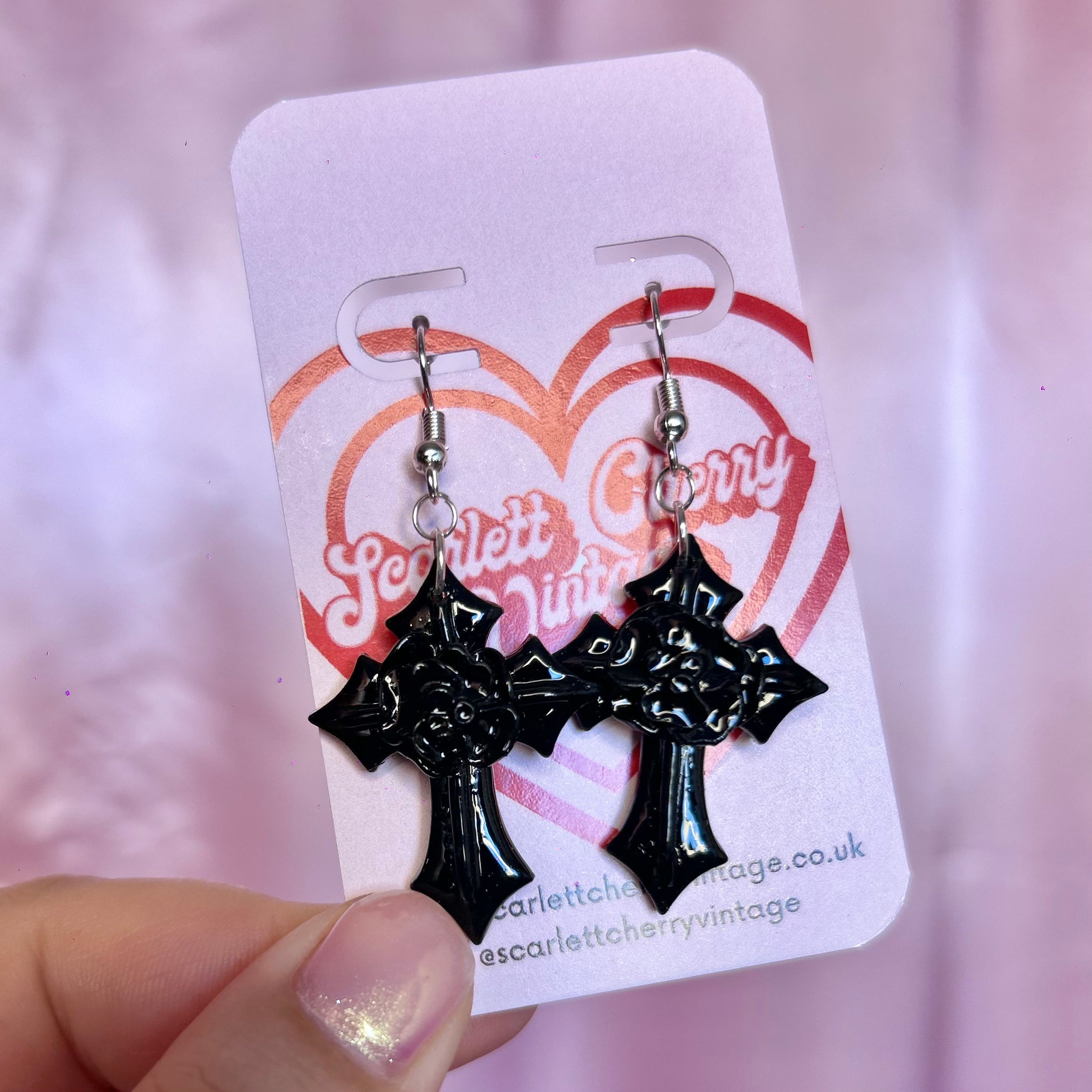 Handmade 3D black cross earrings