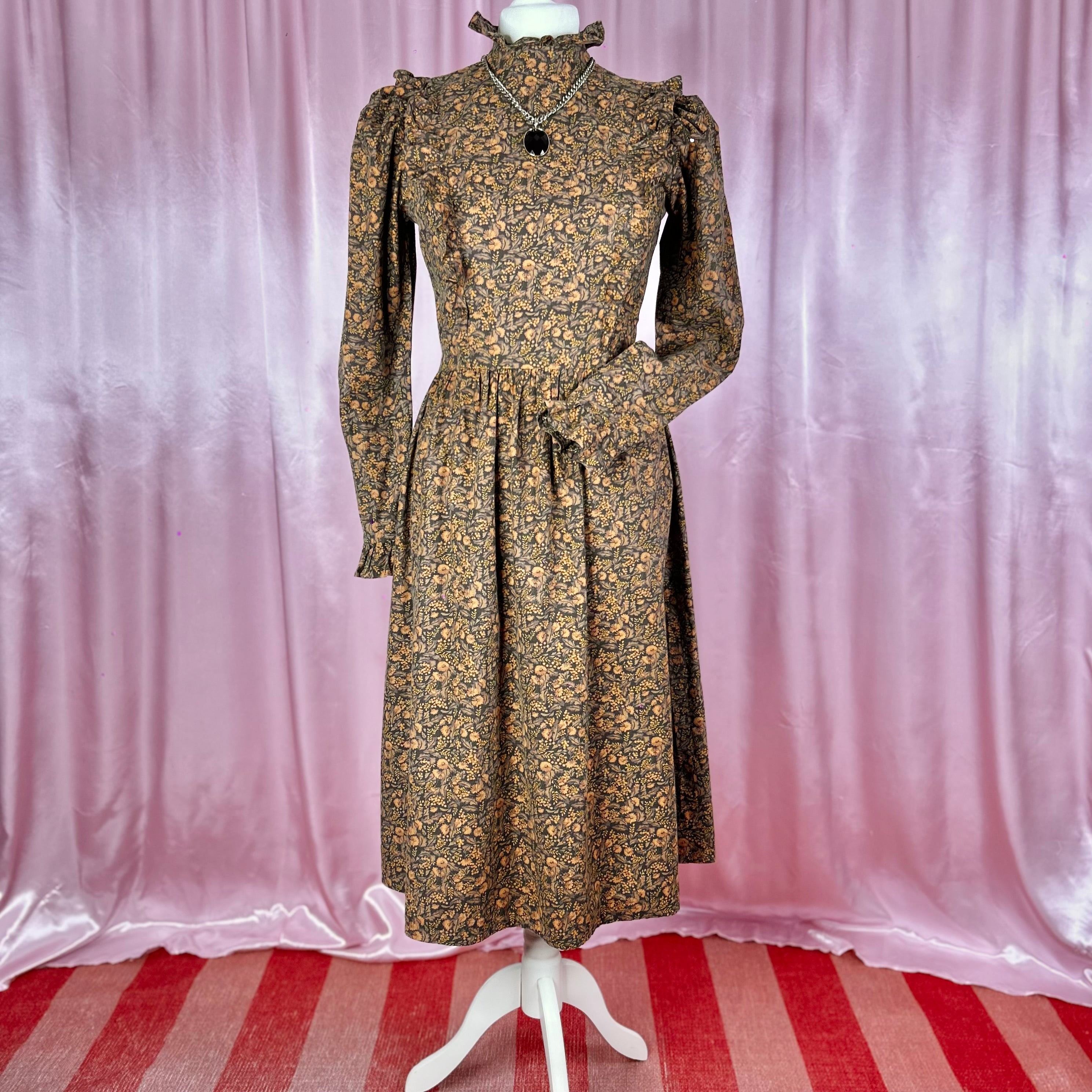 1980s Brown floral dress, handmade, size 12