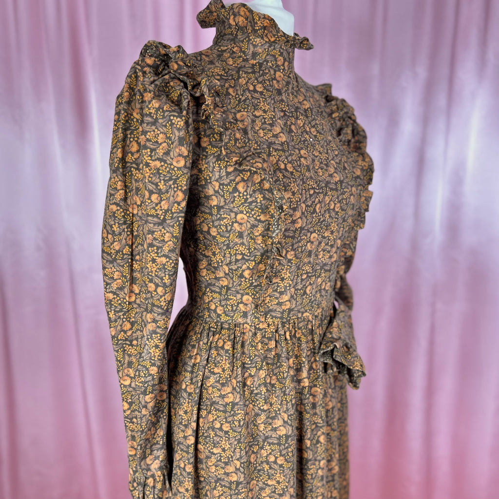 1980s Brown floral dress, handmade, size 12