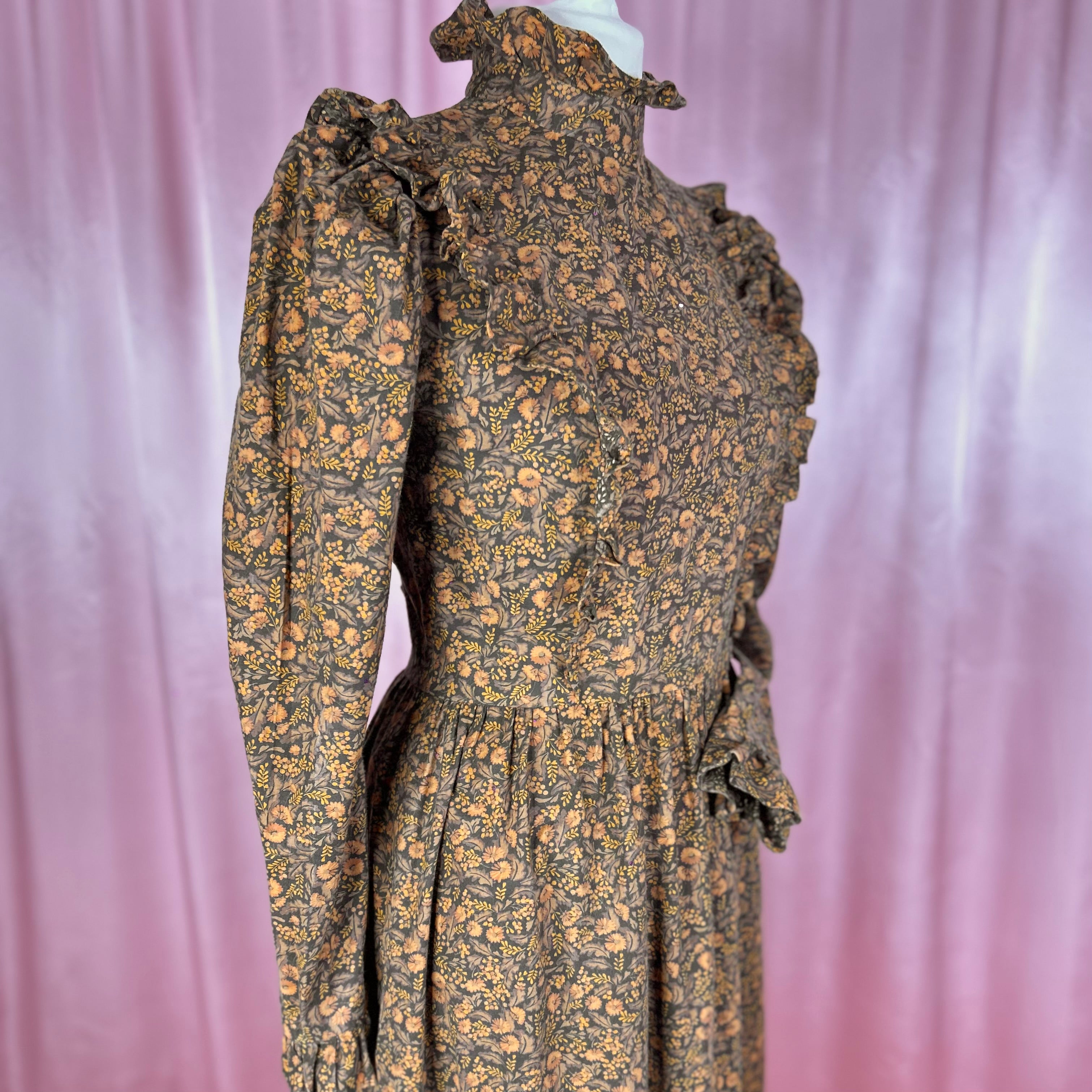 1980s Brown floral dress, handmade, size 12
