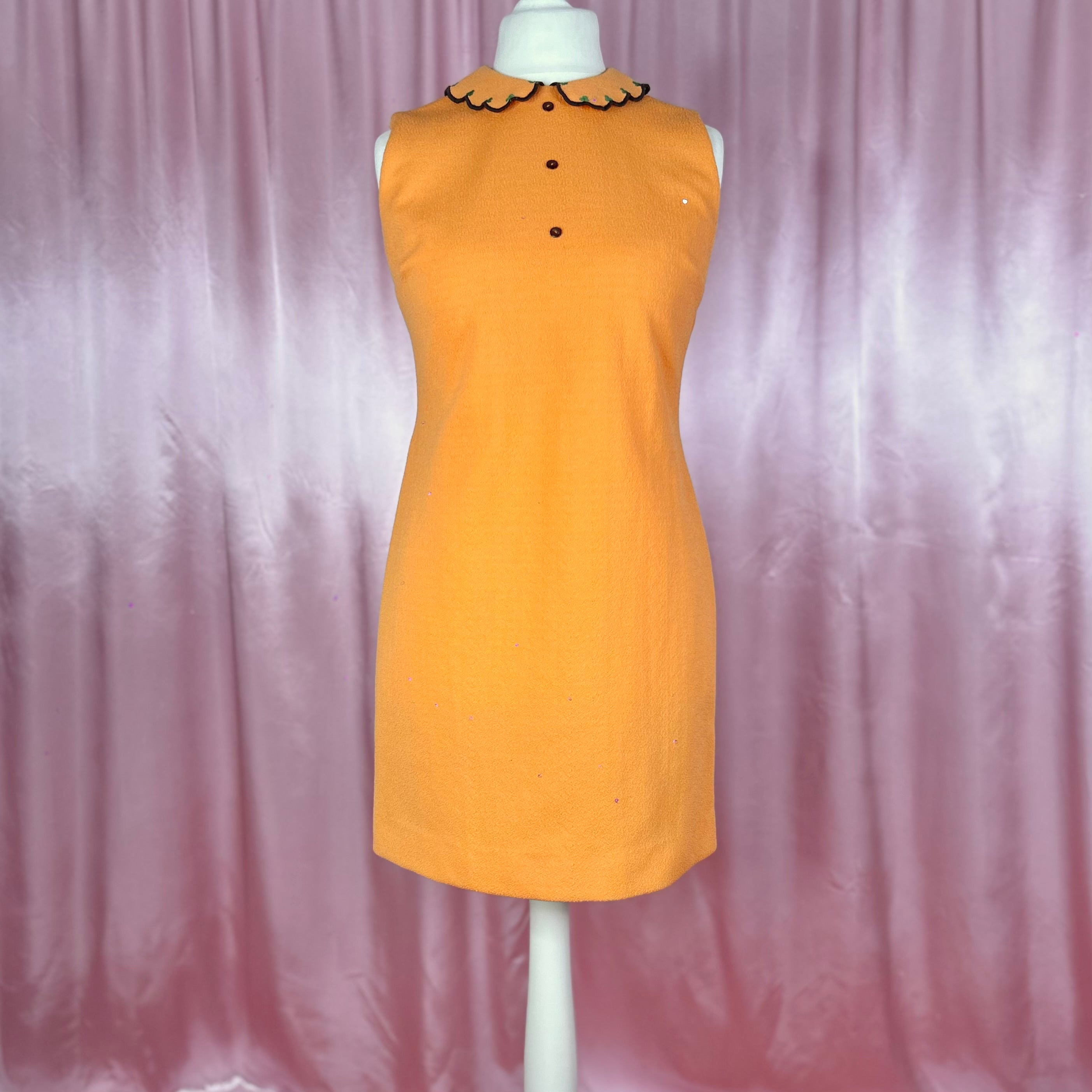 1960s Orange Crimplene mini, unbranded, size 12