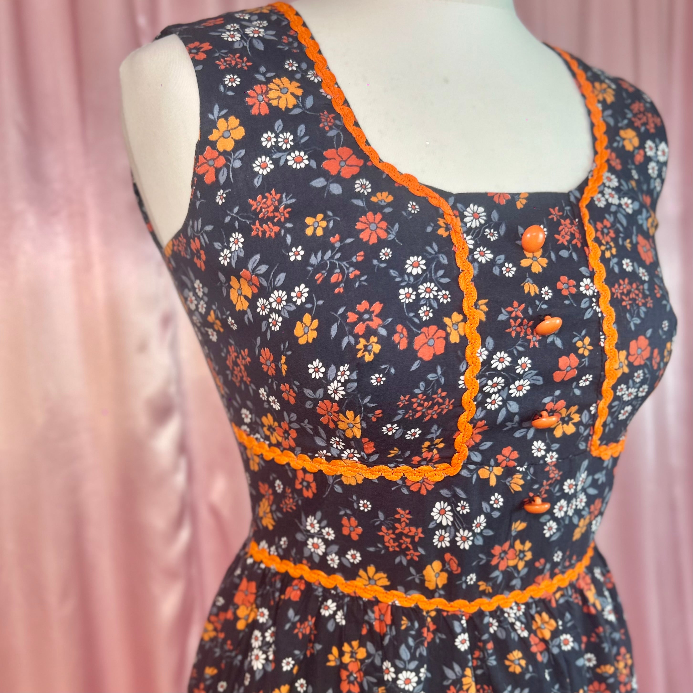 1970s Navy floral maxi dress, by Harem, size 8