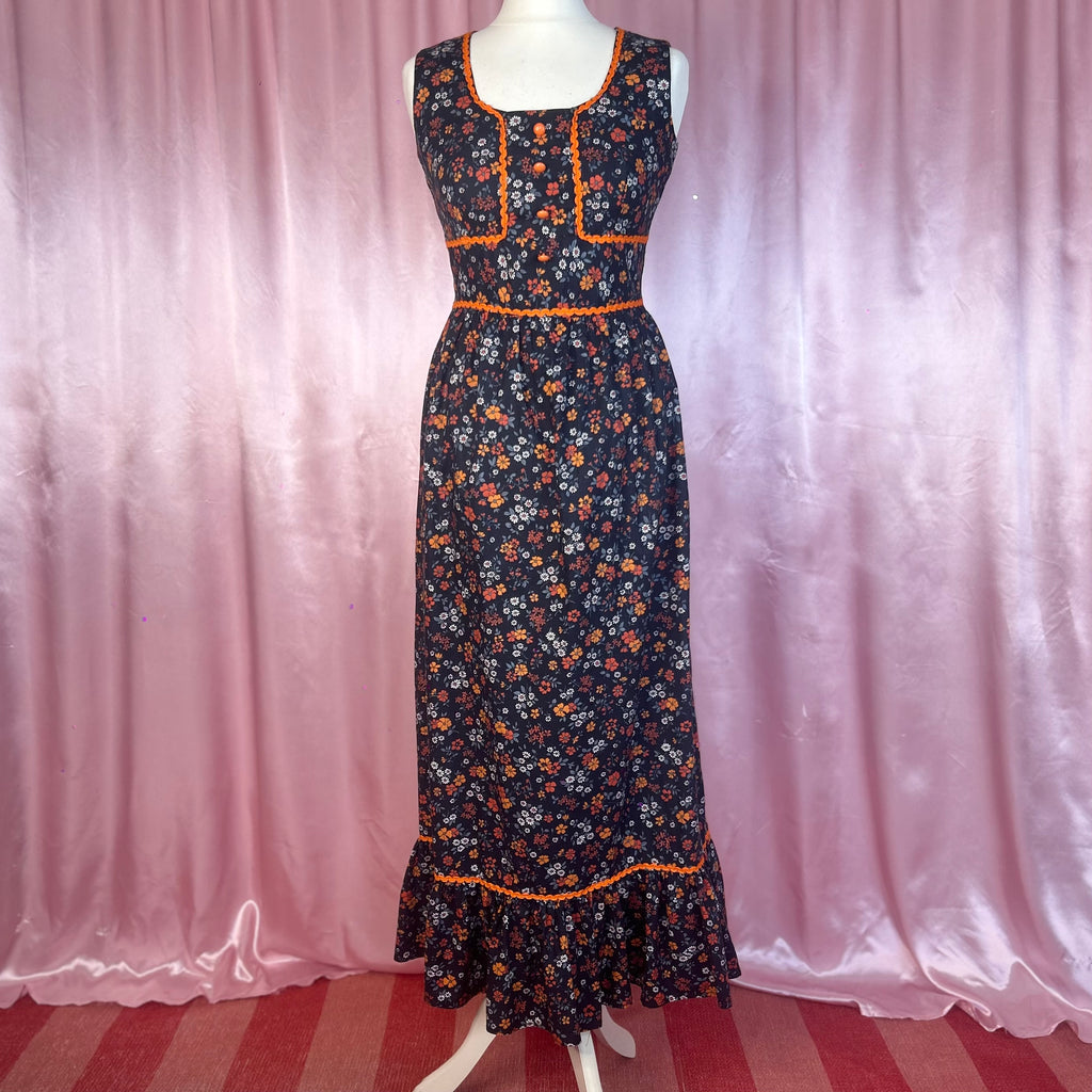 1970s Navy floral maxi dress, by Harem, size 8