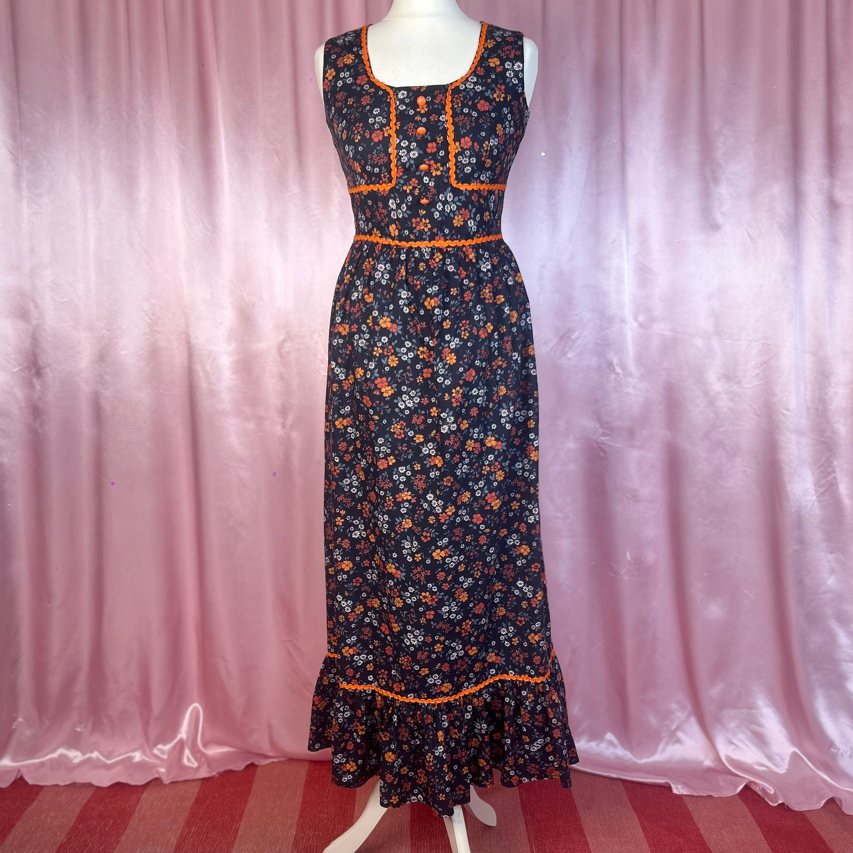 1970s Navy floral maxi dress, by Harem, size 8