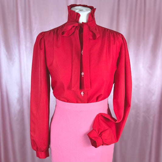 1970s Red pussy bow blouse, by Lady Holiday, size 10