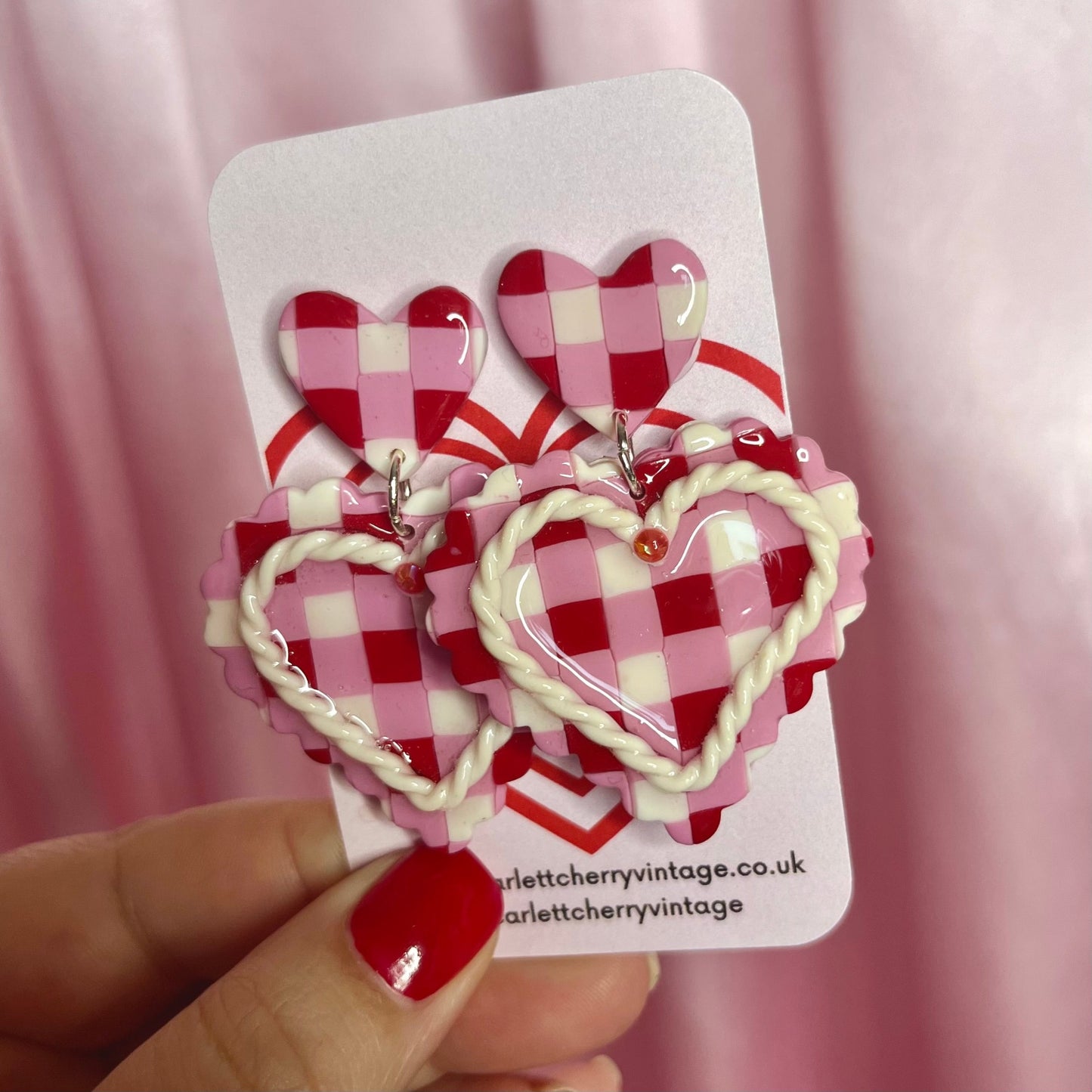 Handmade gingham heart clay earrings