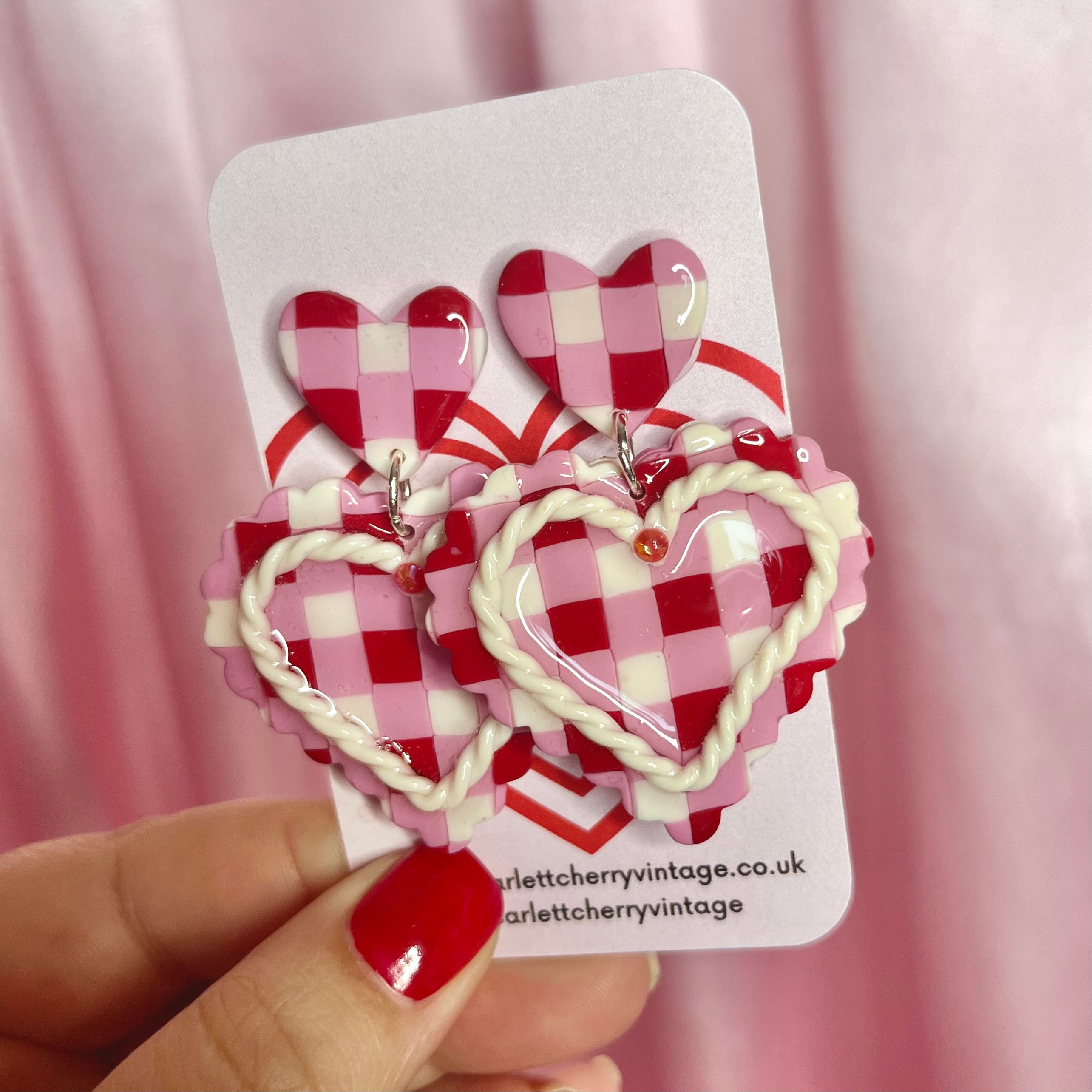 Handmade gingham heart clay earrings