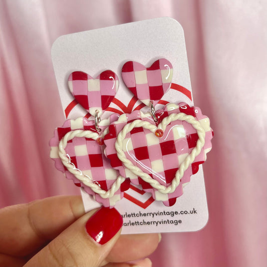 Handmade gingham heart clay earrings