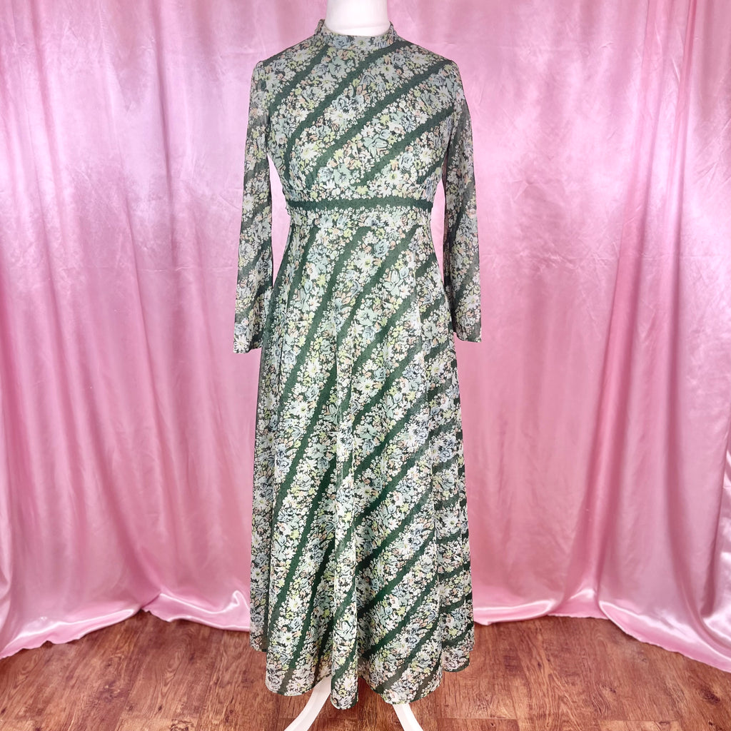 1970s Green patterned maxi dress, by Quad, size 12
