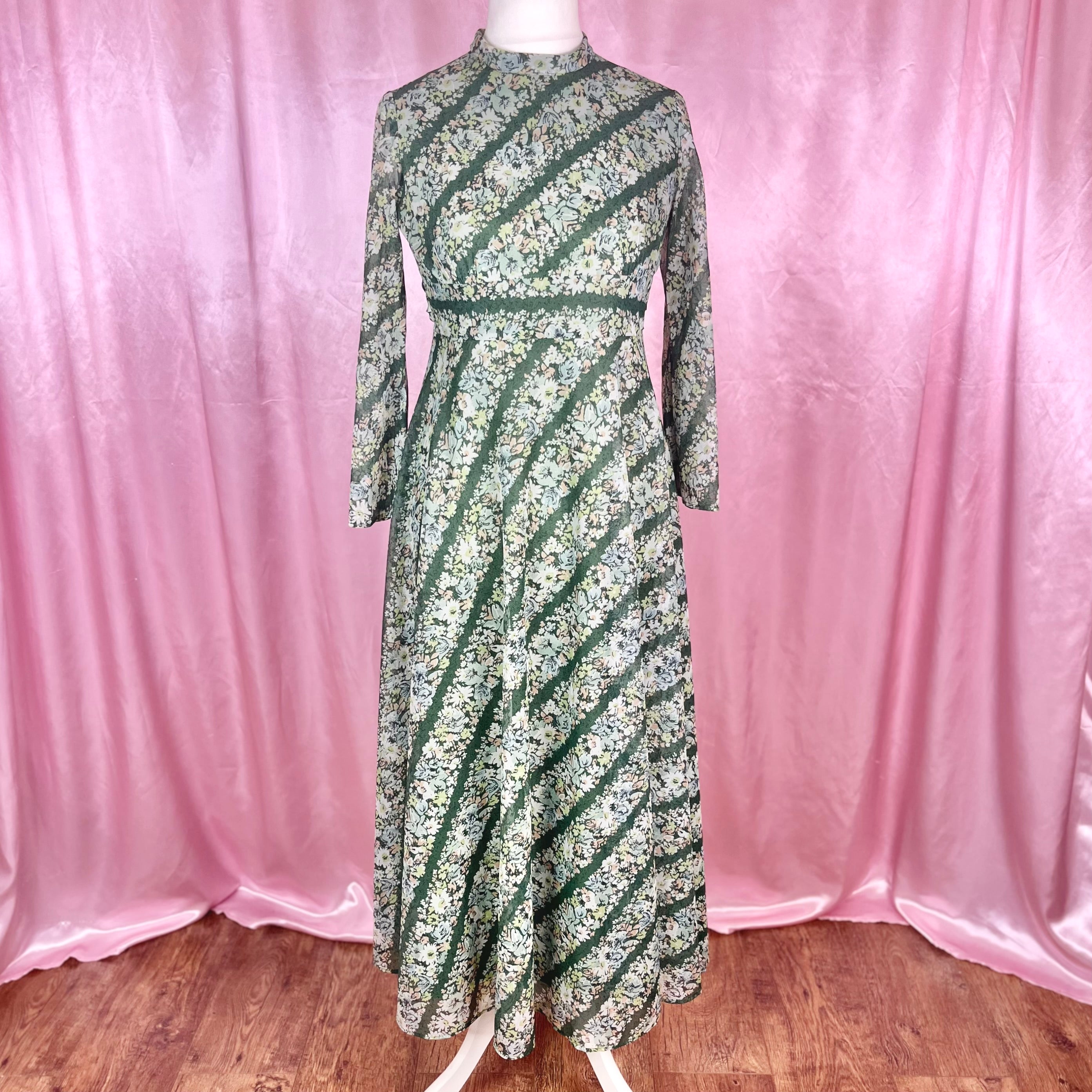 1970s Green patterned maxi dress, by Quad, size 12