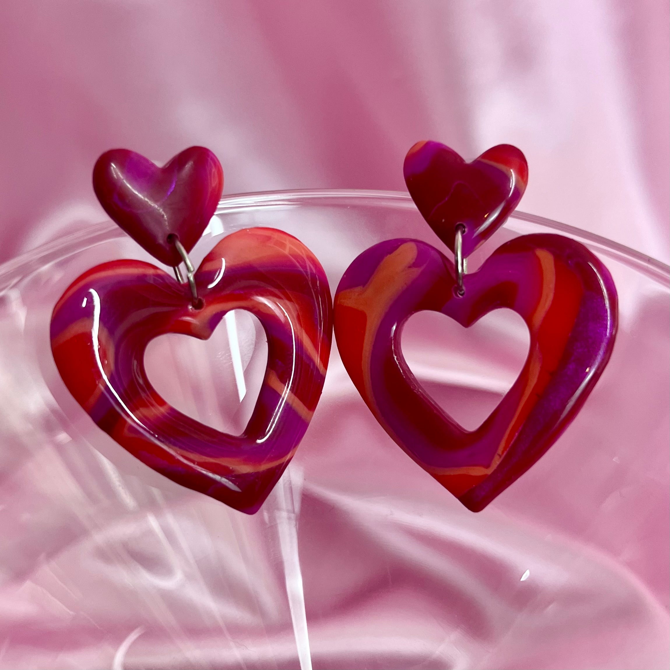 Handmade marbled heart clay earrings