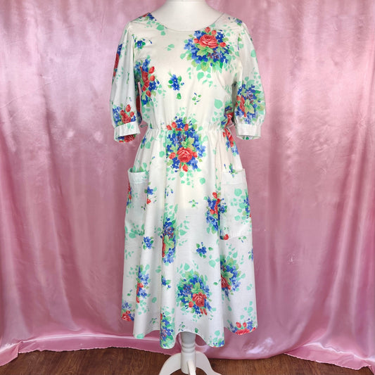 1980s does 50s White floral dress, handmade, size 12