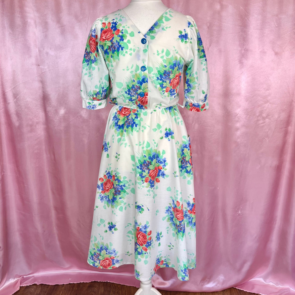 1980s does 50s White floral dress, handmade, size 12
