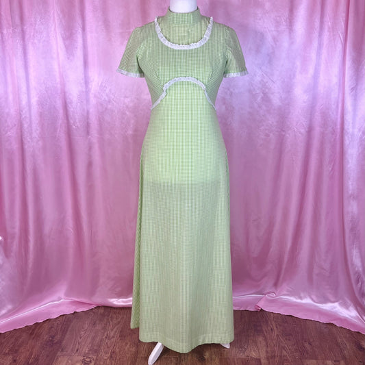1970s Green gingham maxi dress, handmade, size 12