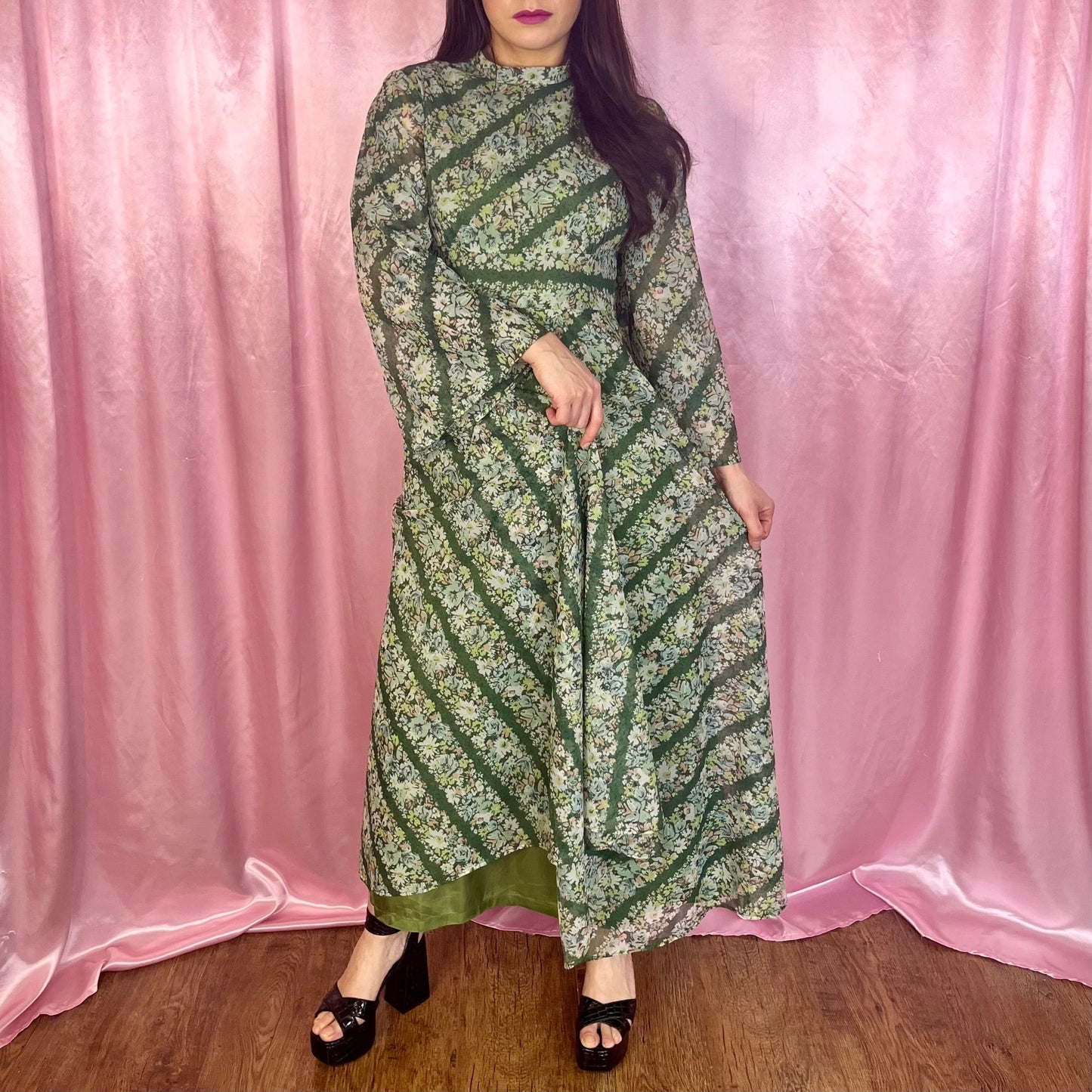 1970s Green patterned maxi dress, by Quad, size 12