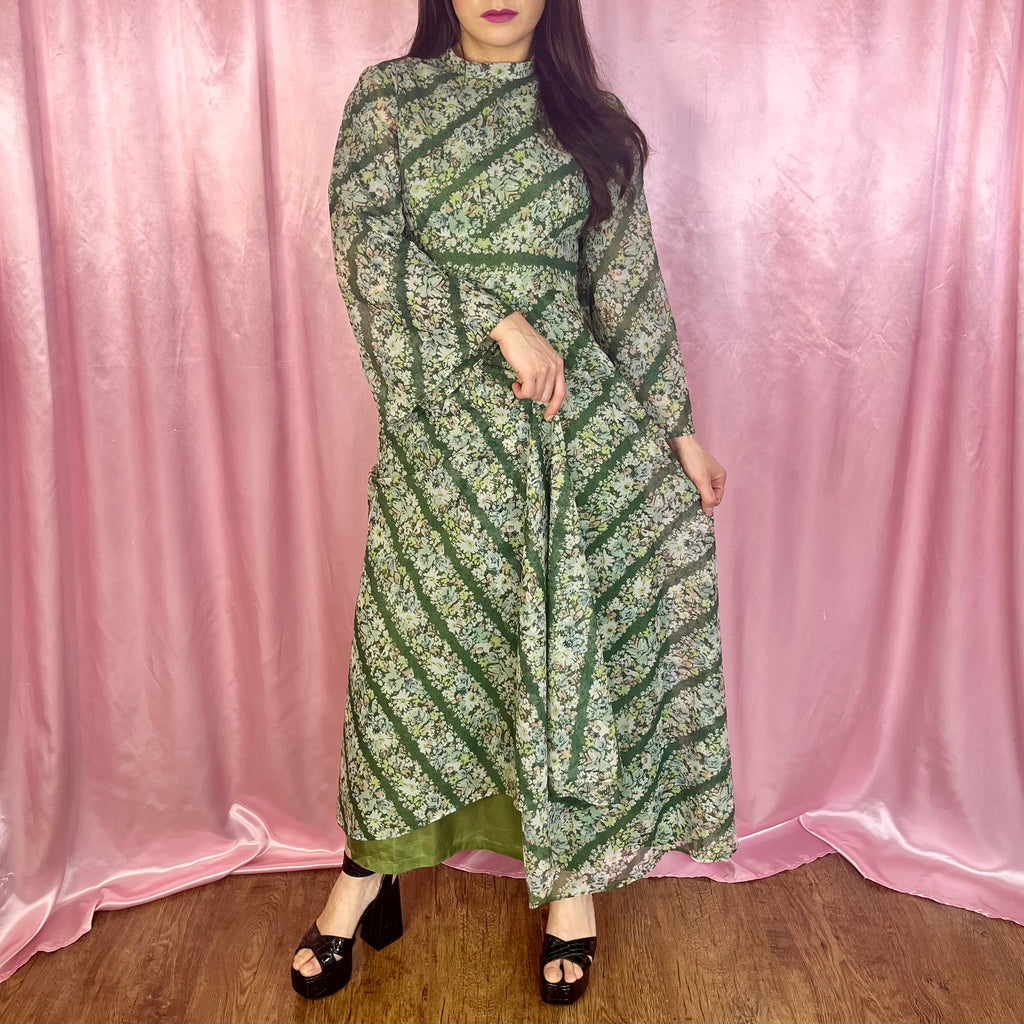 1970s Green patterned maxi dress, by Quad, size 12