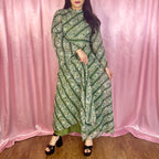 1970s Green patterned maxi dress, by Quad, size 12