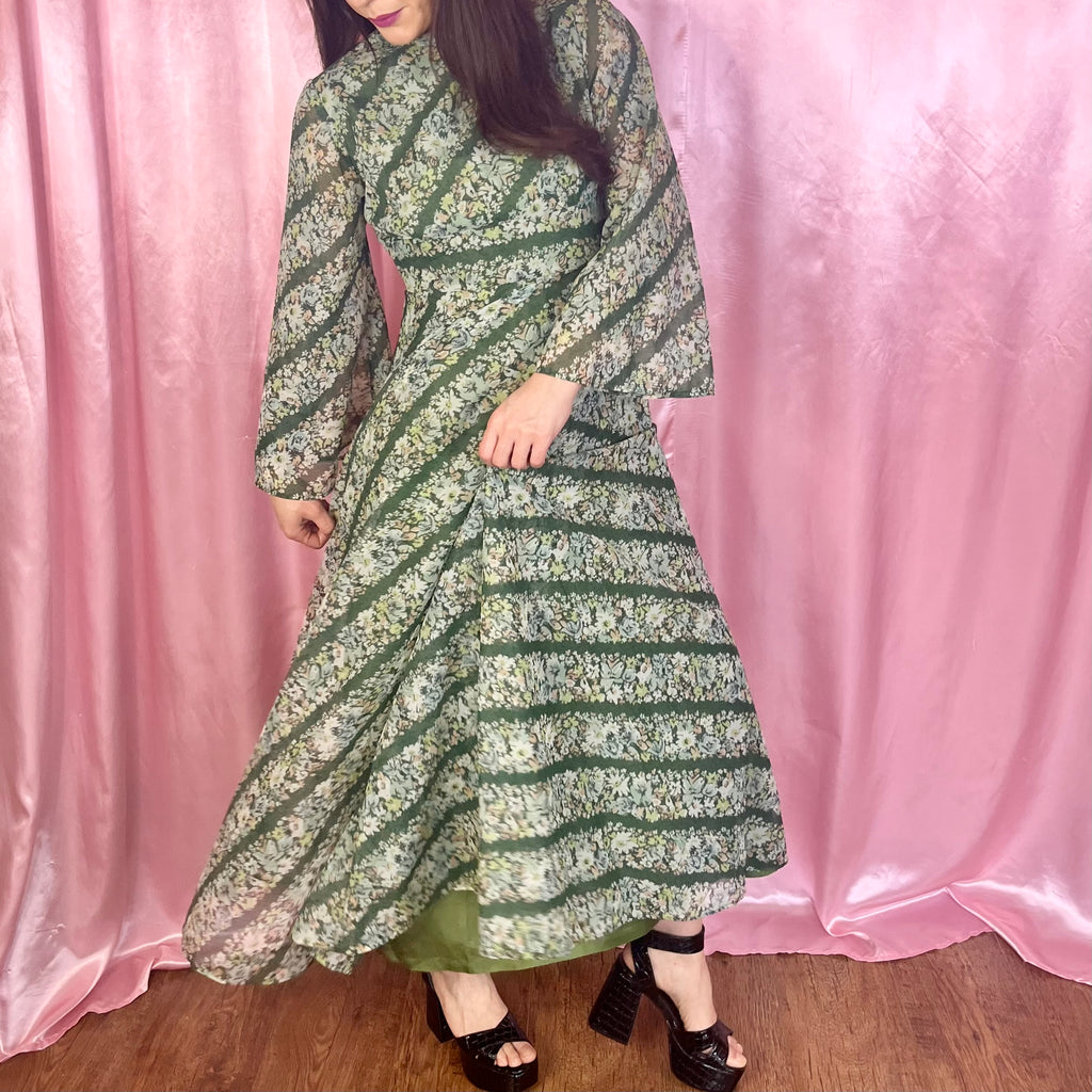 1970s Green patterned maxi dress, by Quad, size 12