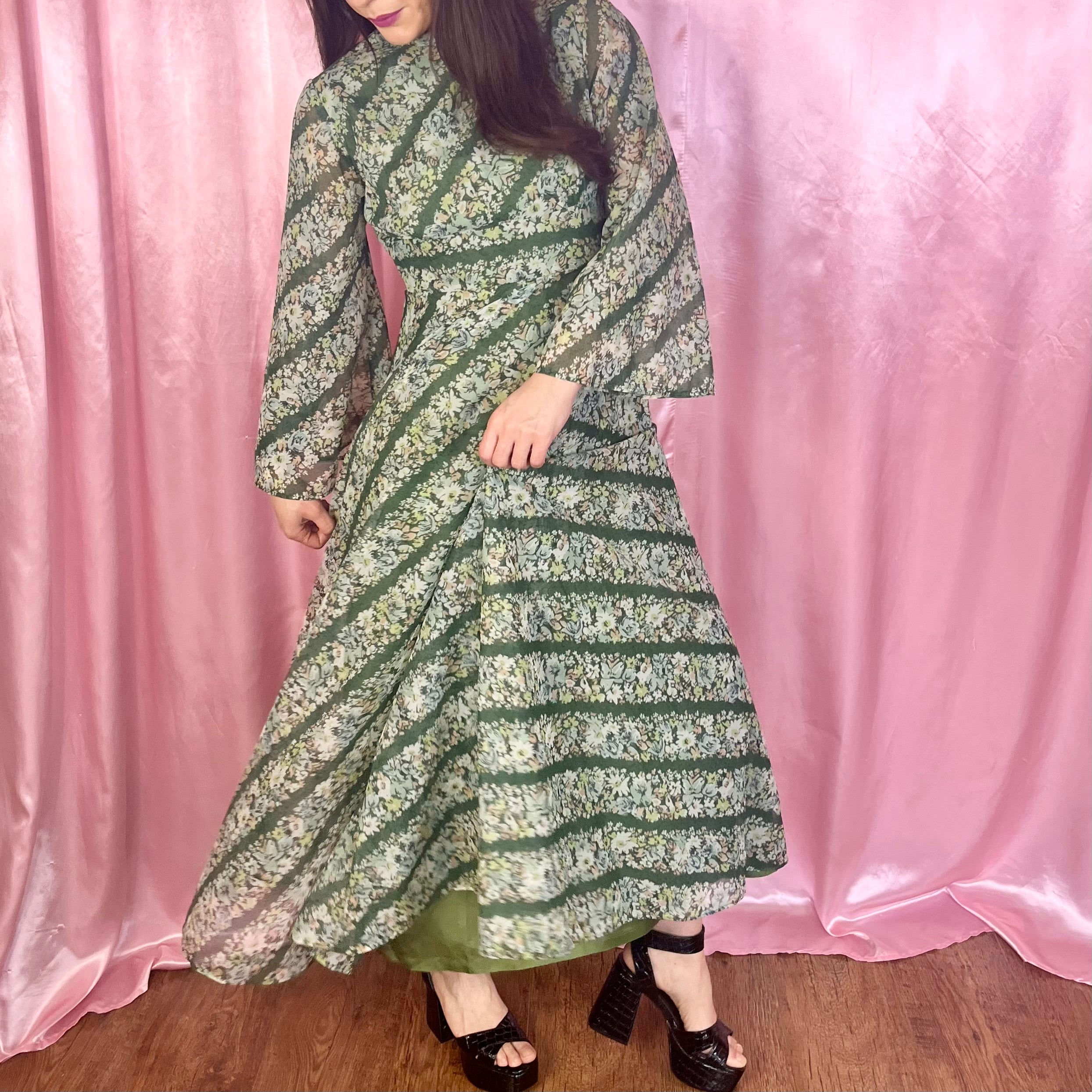 1970s Green patterned maxi dress, by Quad, size 12