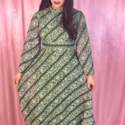 1970s Green patterned maxi dress, by Quad, size 12