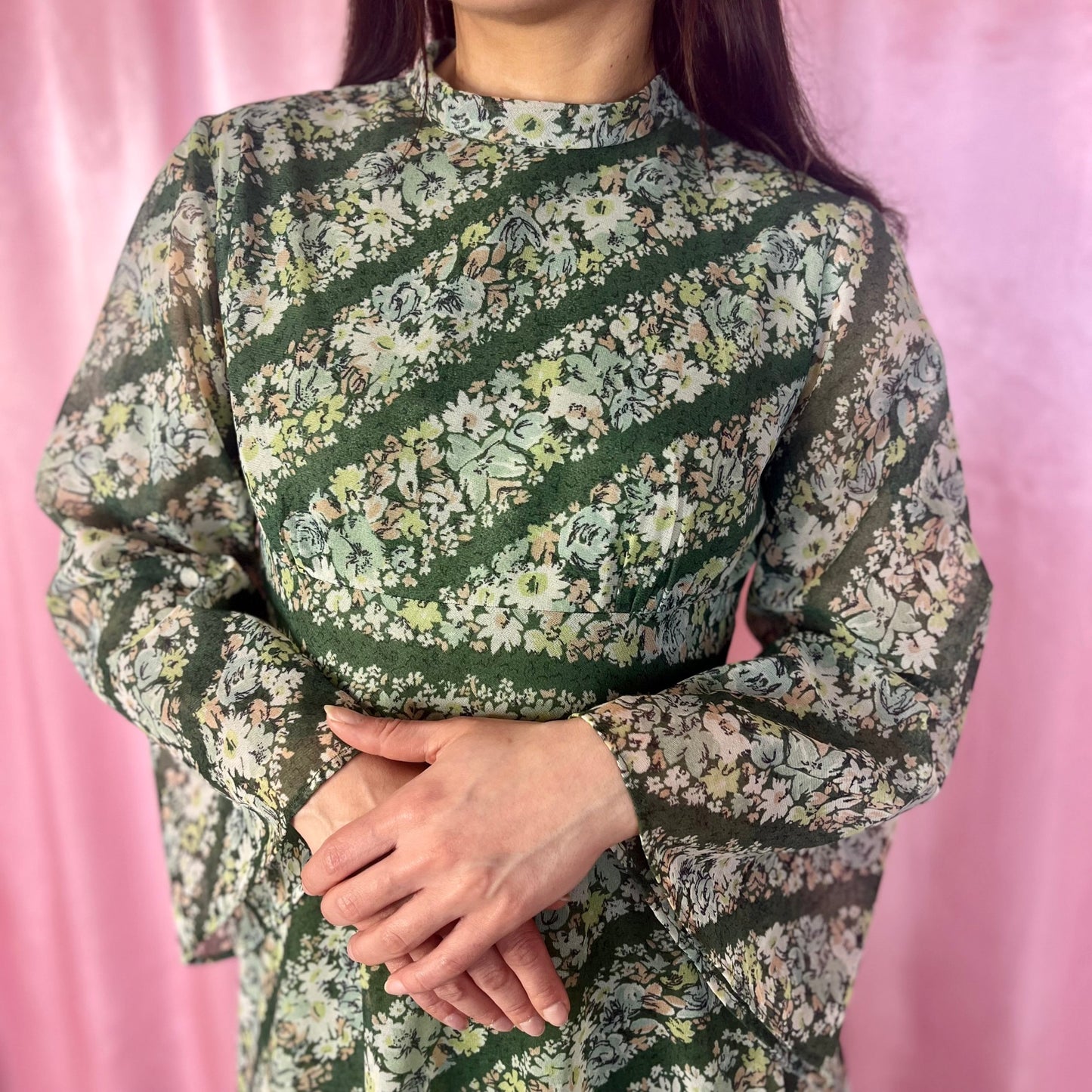 1970s Green patterned maxi dress, by Quad, size 12