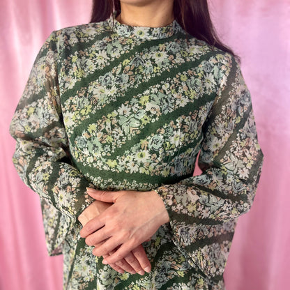 1970s Green patterned maxi dress, by Quad, size 12