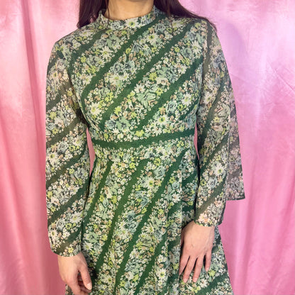 1970s Green patterned maxi dress, by Quad, size 12