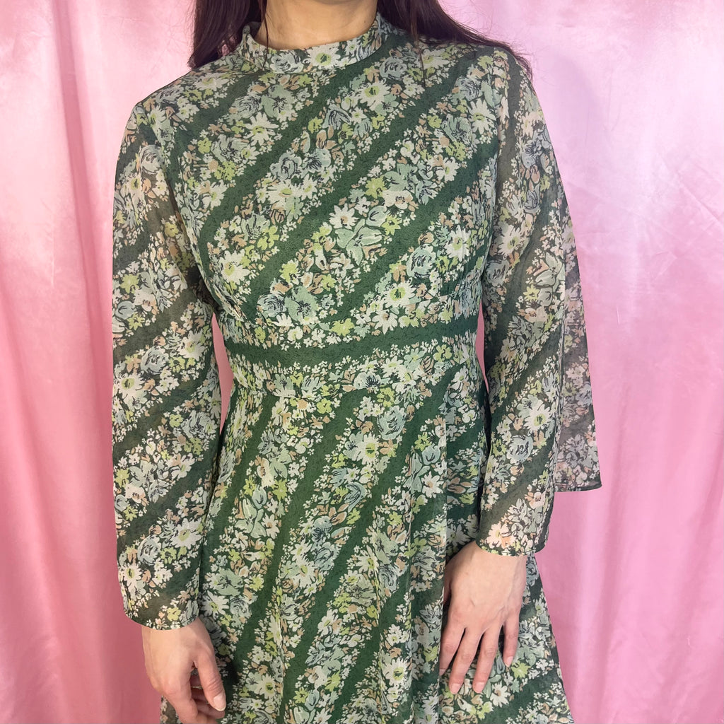 1970s Green patterned maxi dress, by Quad, size 12