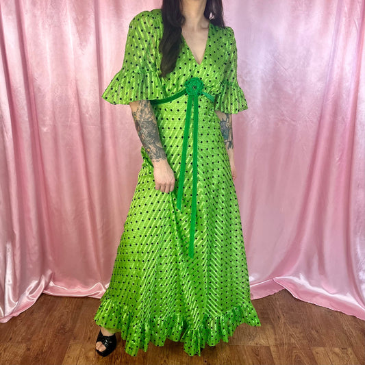 1970s Green Polka dot maxi dress, Handmade, size 8