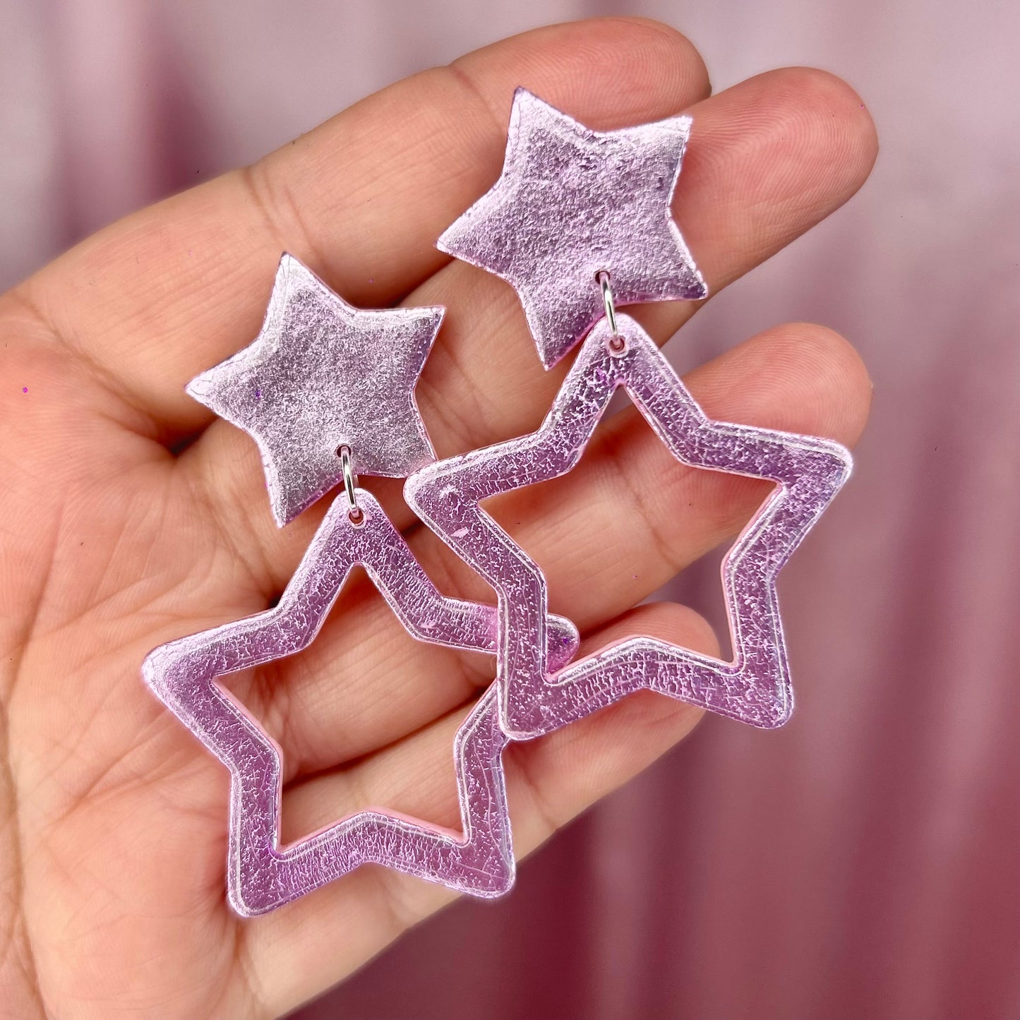 Handmade pink metallic star earrings