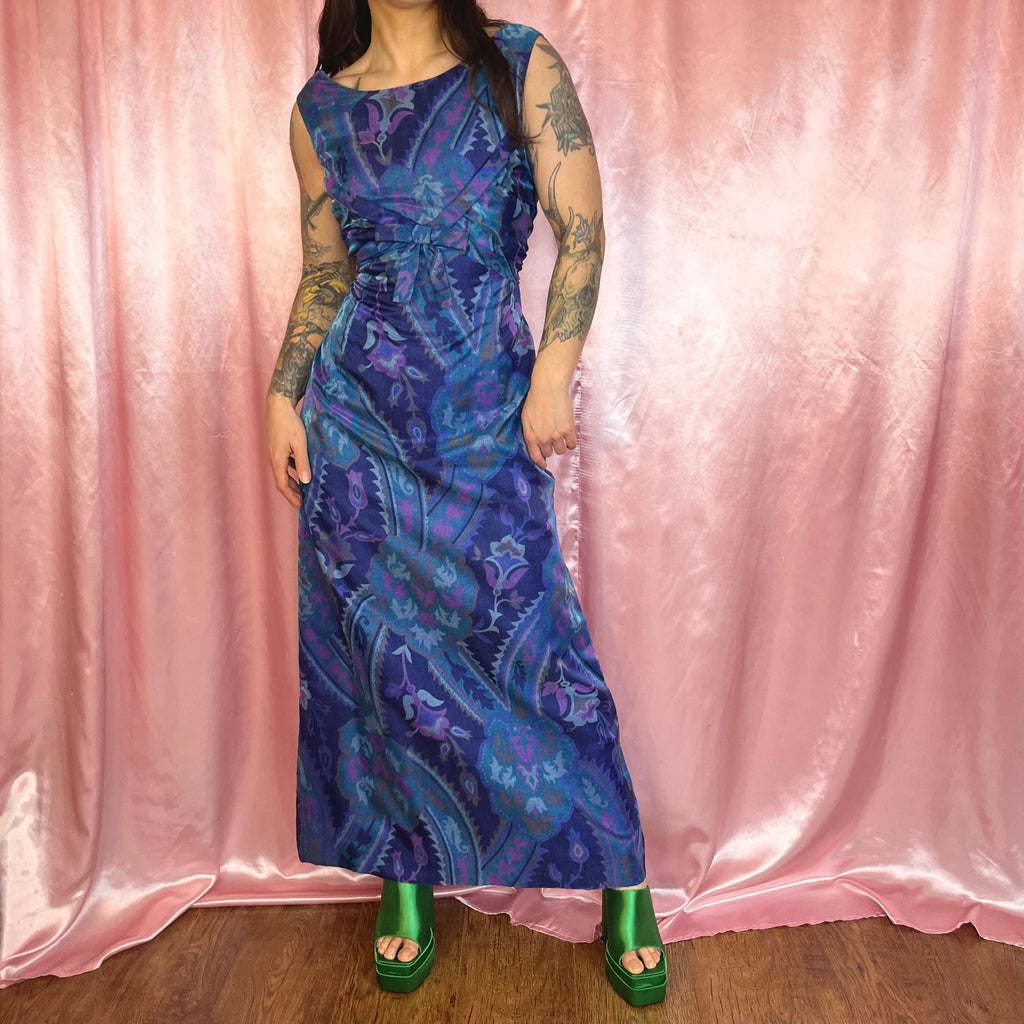 1960s Blue patterned maxi dress, by Cresta, size 10