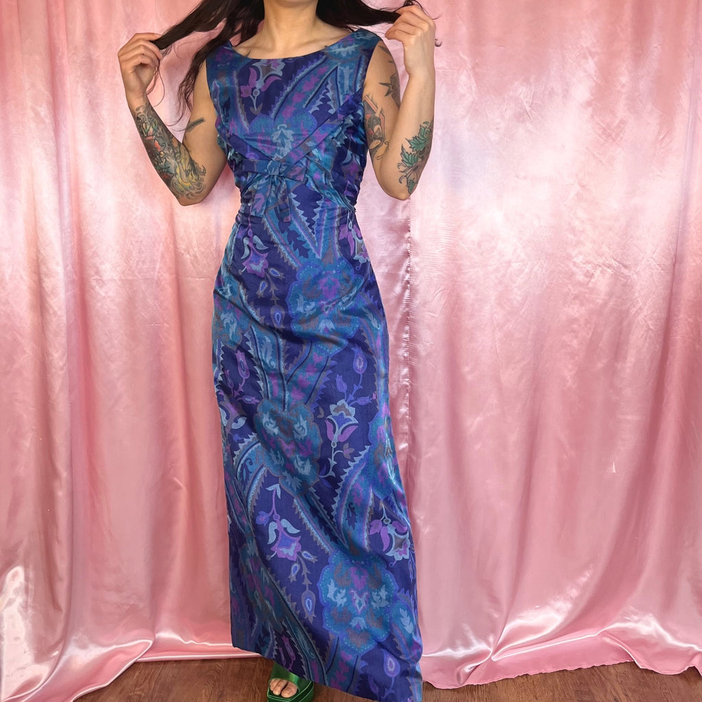 1960s Blue patterned maxi dress, by Cresta, size 10