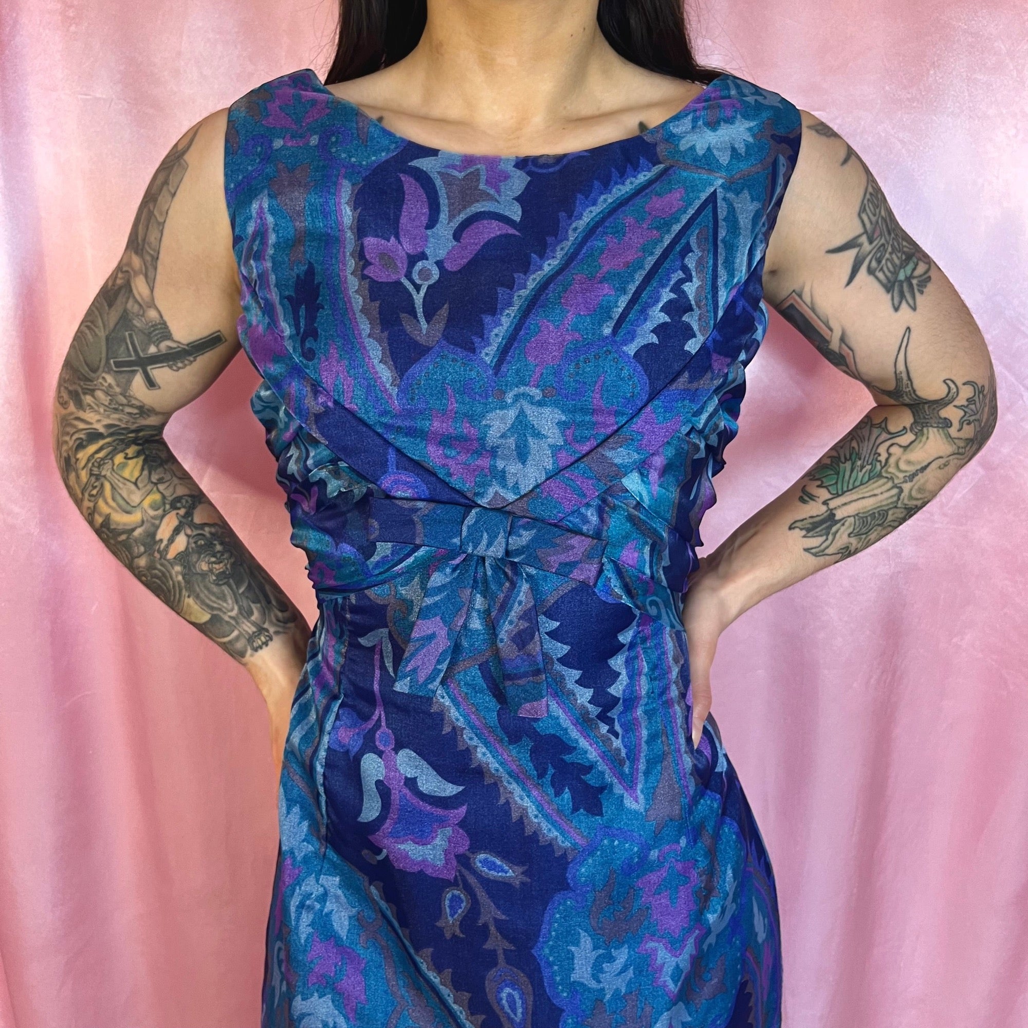 1960s Blue patterned maxi dress, by Cresta, size 10