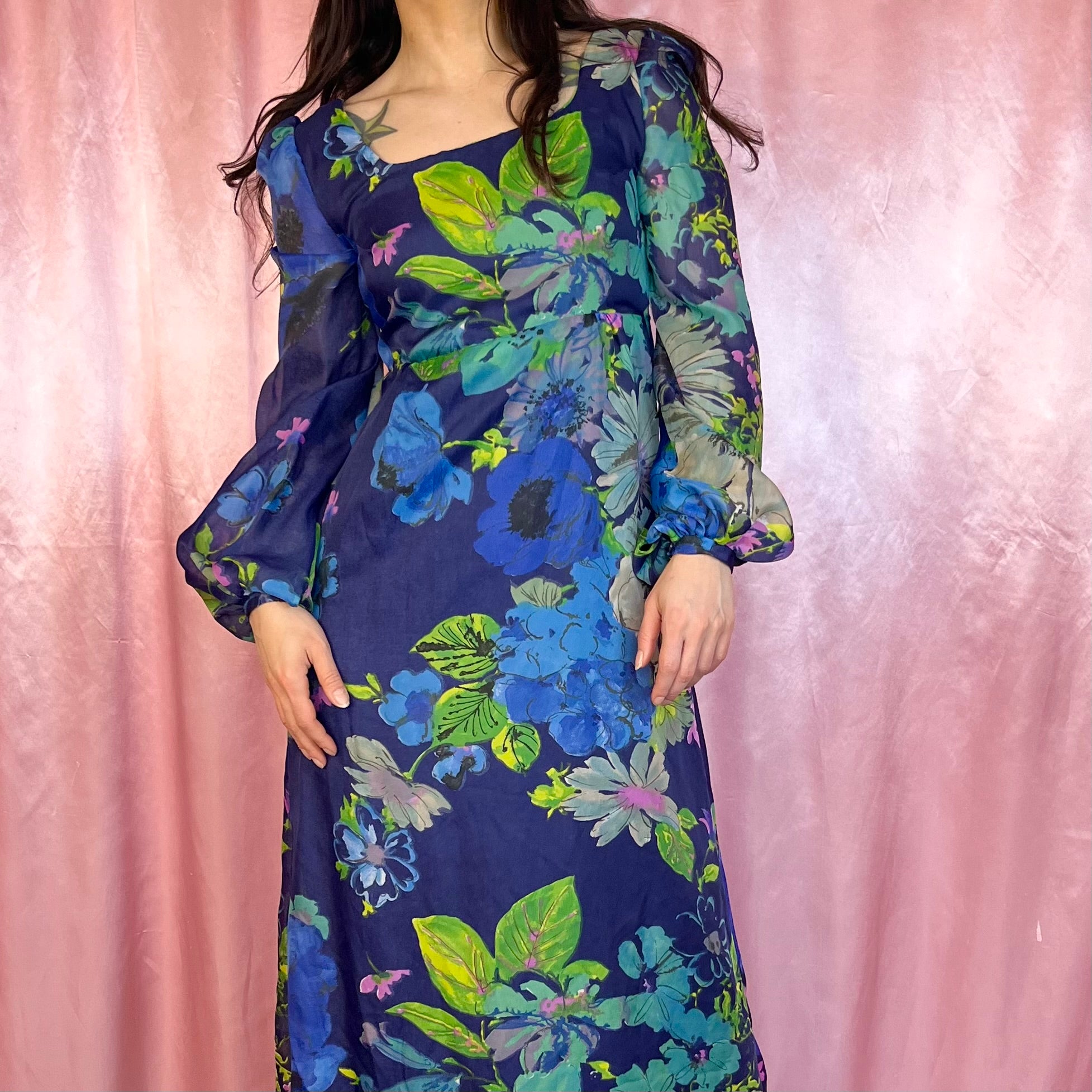 1970s Blue floral maxi dress, handmade, size 8