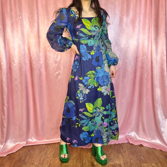 1970s Blue floral maxi dress, handmade, size 8