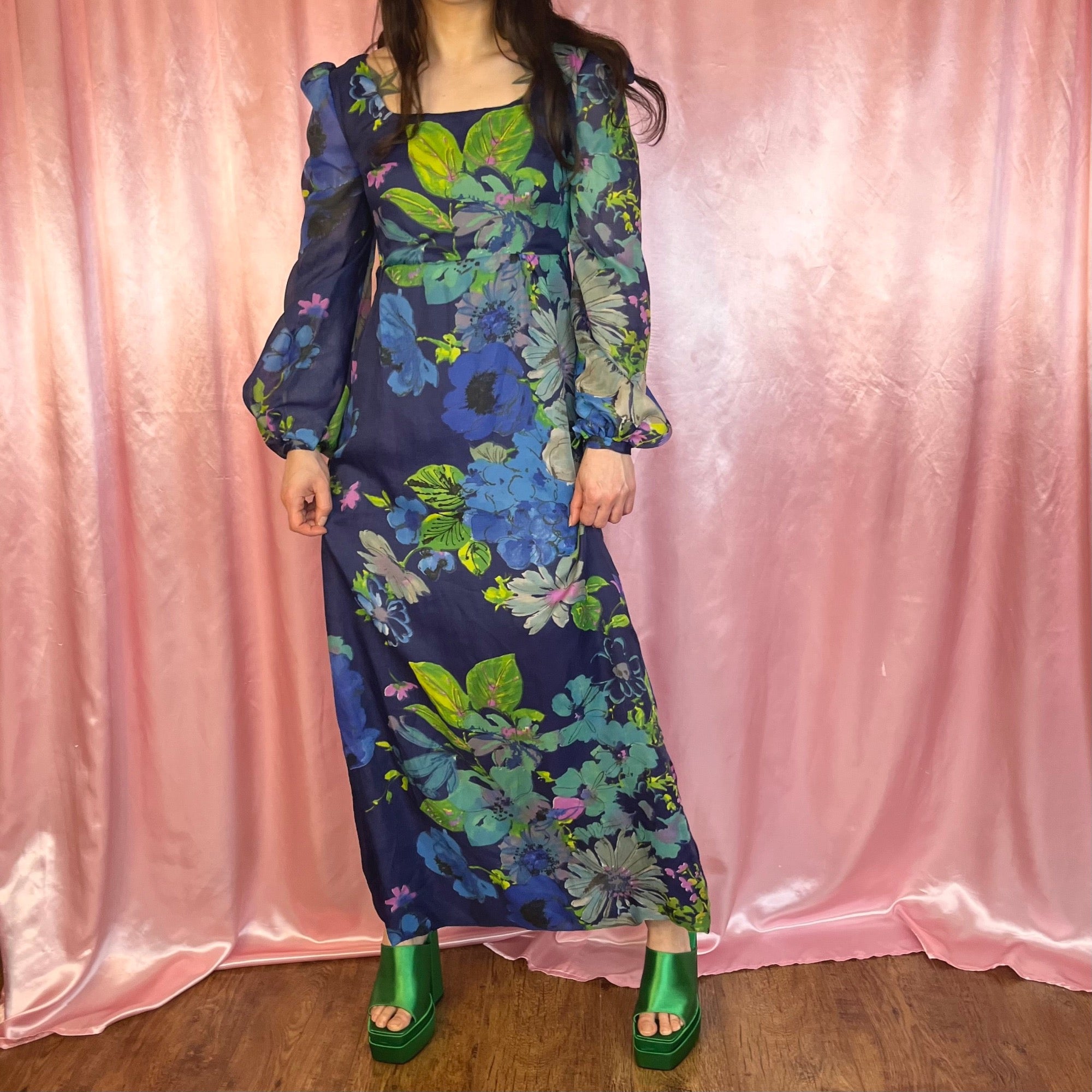 1970s Blue floral maxi dress, handmade, size 8