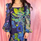 1970s Blue floral maxi dress, handmade, size 8