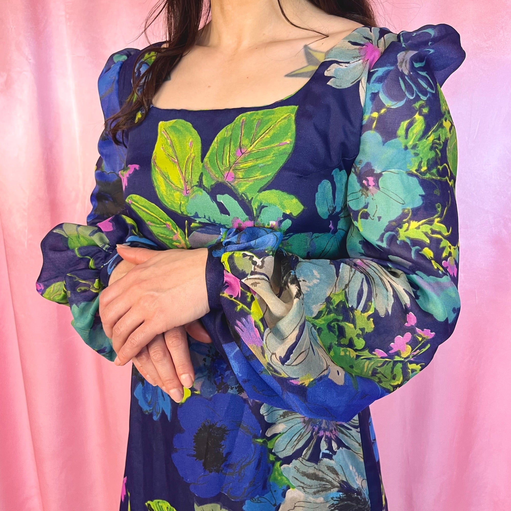 1970s Blue floral maxi dress, handmade, size 8