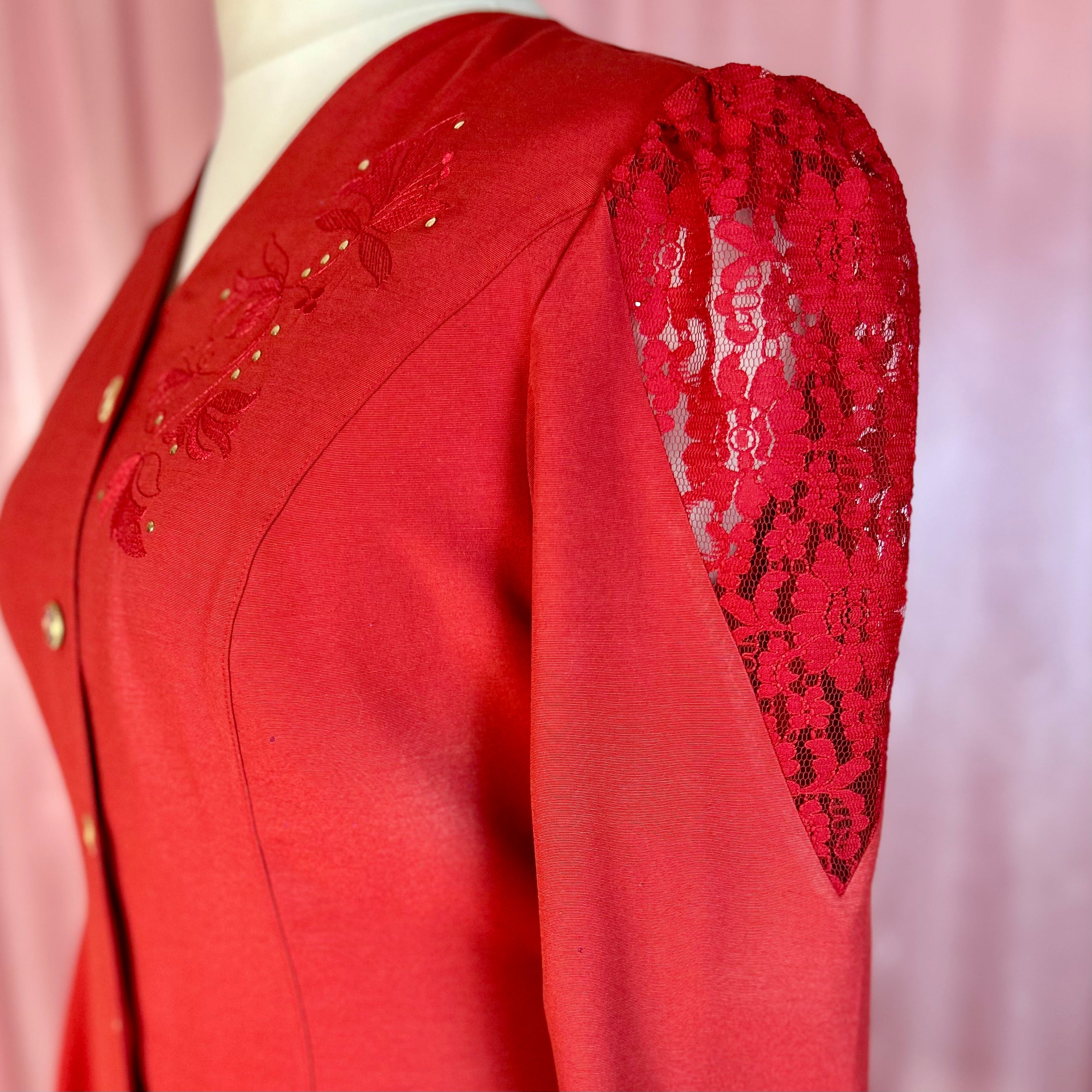 1980s Red embellished blouse, unbranded, size 16